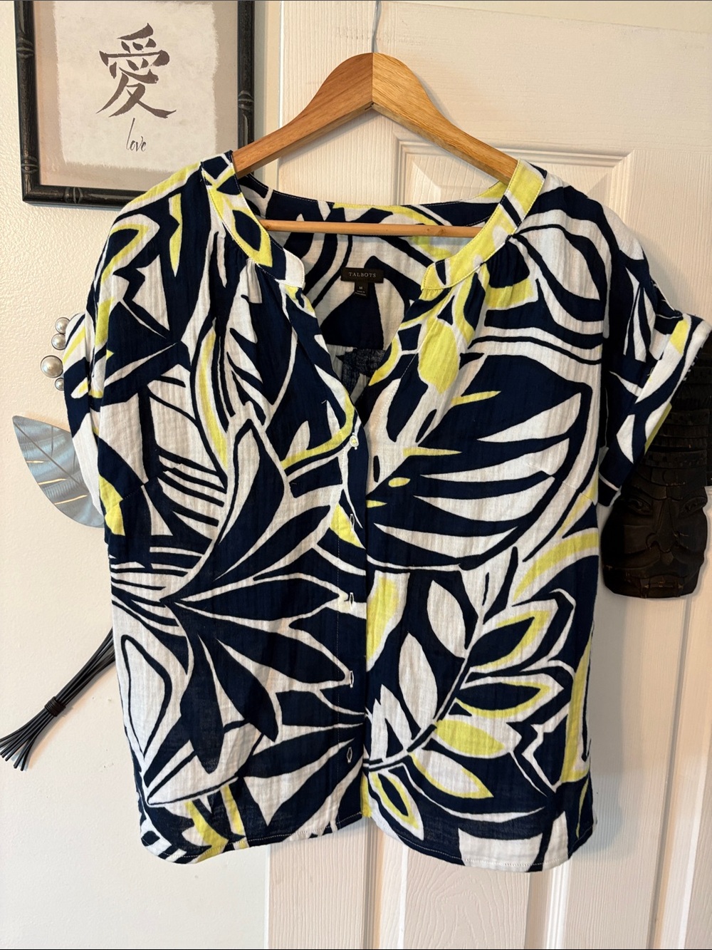 Talbots Navy White Lime Leaf-Print Button Front Top